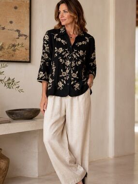 Coldwater Creek Black Silk Embroidered Floral Blouse Shacket Petite XL Boho